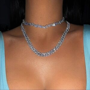 NEW Clear Gemstone Baguette Silver Choker Necklace